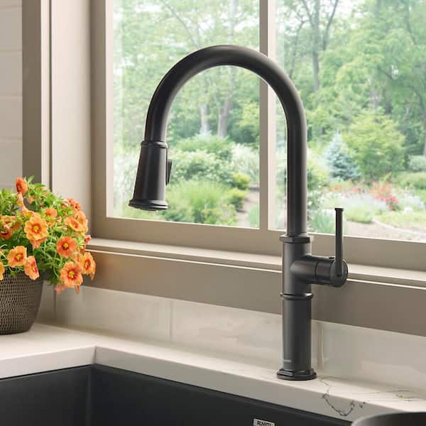 Idris Matte Black Stainless 16.5 in. H Single Art Deco Pull Down Sprayer Kitchen Faucet with 360° Spout Swivel