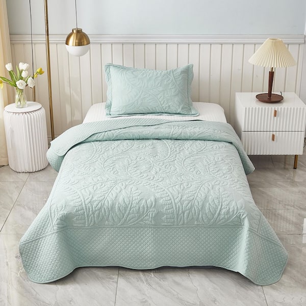 T-Monica 2-Piece Aruba Blue Embroidery 100% Cotton Lightweight Twin Size Quilt Set