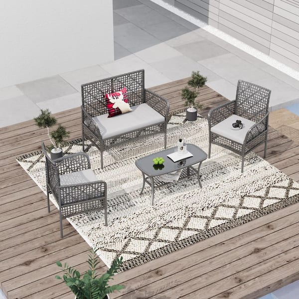 4-Piece Black Wicker Outdoor Conversation Set with Gray Cushions, 1-Tempered Glass Table