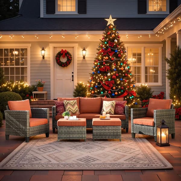 OVIOS New Vultros Gray 5-Piece Wicker Outdoor Patio Conversation Seating Set with Orange Red Cushions