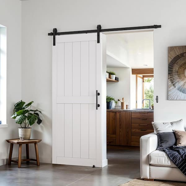 36 in. x 80 in. 2-Panel Plank White MDF Interior Sliding Barn Door with Hardware Kit