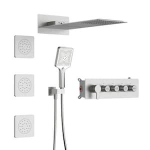 Single-Handle Spray 22.8 in. Rectangle Wall Mount Shower Faucet Waterfall w/3-Jets in Brushed Nickel (Valve Included)