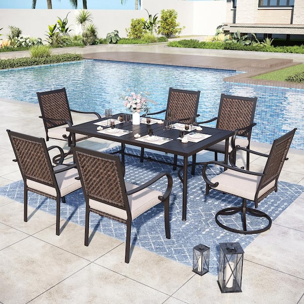 PHI VILLA Black 7-Piece Metal Patio Outdoor Dining Set with Straight-Leg Rectangle Table and Rattan Arm Chairs with Beige Cushion