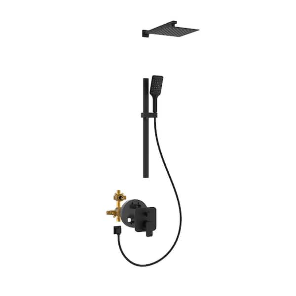 PULSE Showerspas 6-Spray Patterns with 2.5 GPM 10 in. Wall Mounted Dual Shower Heads with Slide Bar and Valve in Matte Black