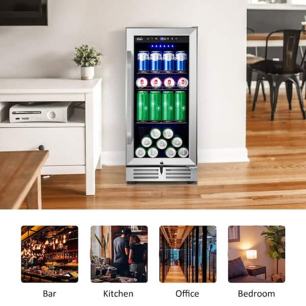 Costway - 15 inch Beverage Cooler Refrigerator 100 Can Built-in or Freestanding Wine Fridge with LED Lights and Adjustable Shelf - FP10126US-SL