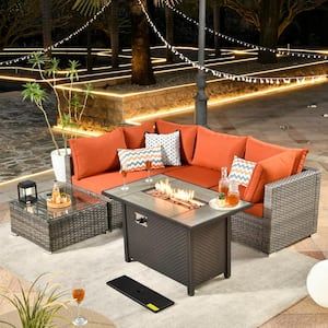 Daffodil J Gray 6-Piece Wicker Patio Outdoor Conversation Sofa Set with Gas Fire Pit and Orange Red Cushions