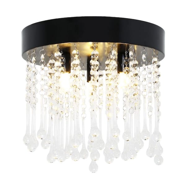 OUKANING 11.81 in. 3-Light Modern Crystal Black Flush Mount Ceiling Light for Bedroom Dining Room Kitchen