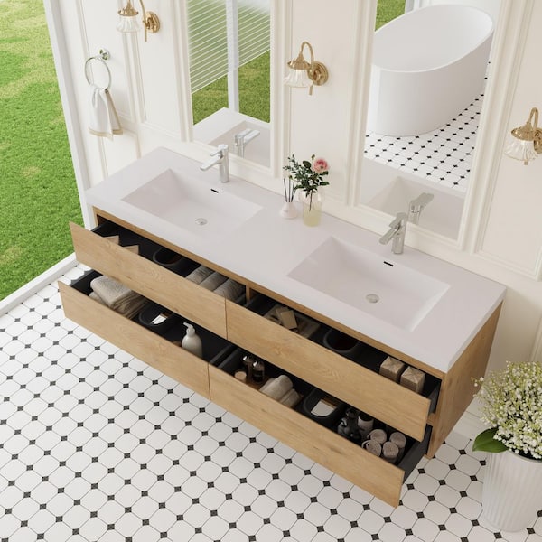 70.87 in. W x 19.69 in. D x 22.44 in. H Wall Hung Bath Vanity in Natural Oak with Resin Double Basin Vanity Top in White