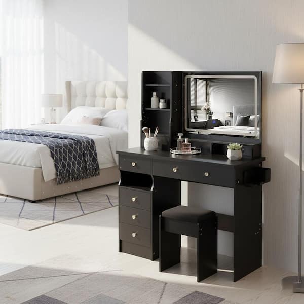 Homy Casa Mory 41 in. Black Makeup Vanity Set with Lighted Mirror, Power Outlet, USB Ports, 7-Drawers and Stool