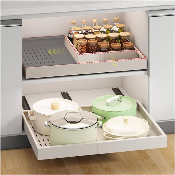 No Drill Pull out Cabinet Organizer, Expandable Width (16"-21") Depth (13"-17") with 3 Rail for Kitchen Pantry