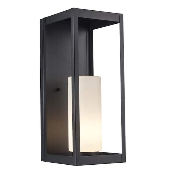 Home Decorators Collection Racine 17.5 in. 1-Light Black Outdoor Wall Light Fixture with White Opal Glass