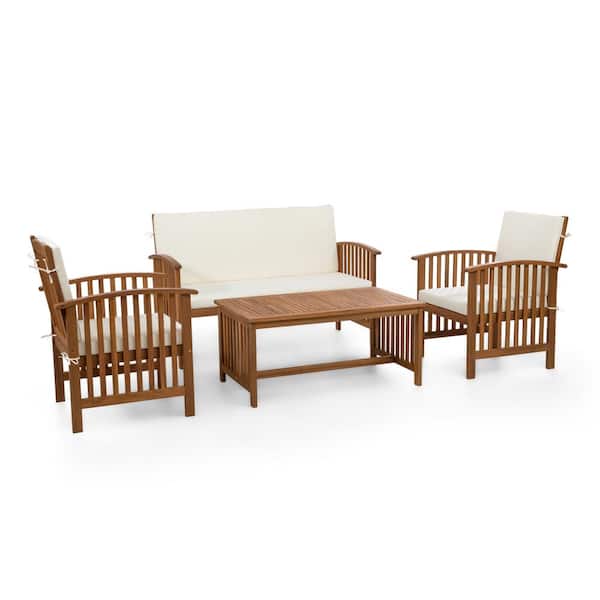 GREEMOTION Kyushu 4-Piece Acacia Wood Small Space Patio Conversation Set With Beige Cushions