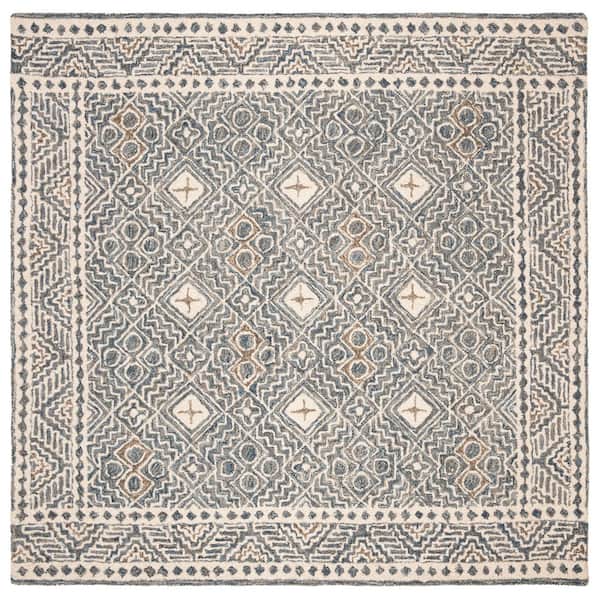 SAFAVIEH Micro-Loop Blue/Ivory 5 ft. x 5 ft. Multi-Diamond Border Square Area Rug
