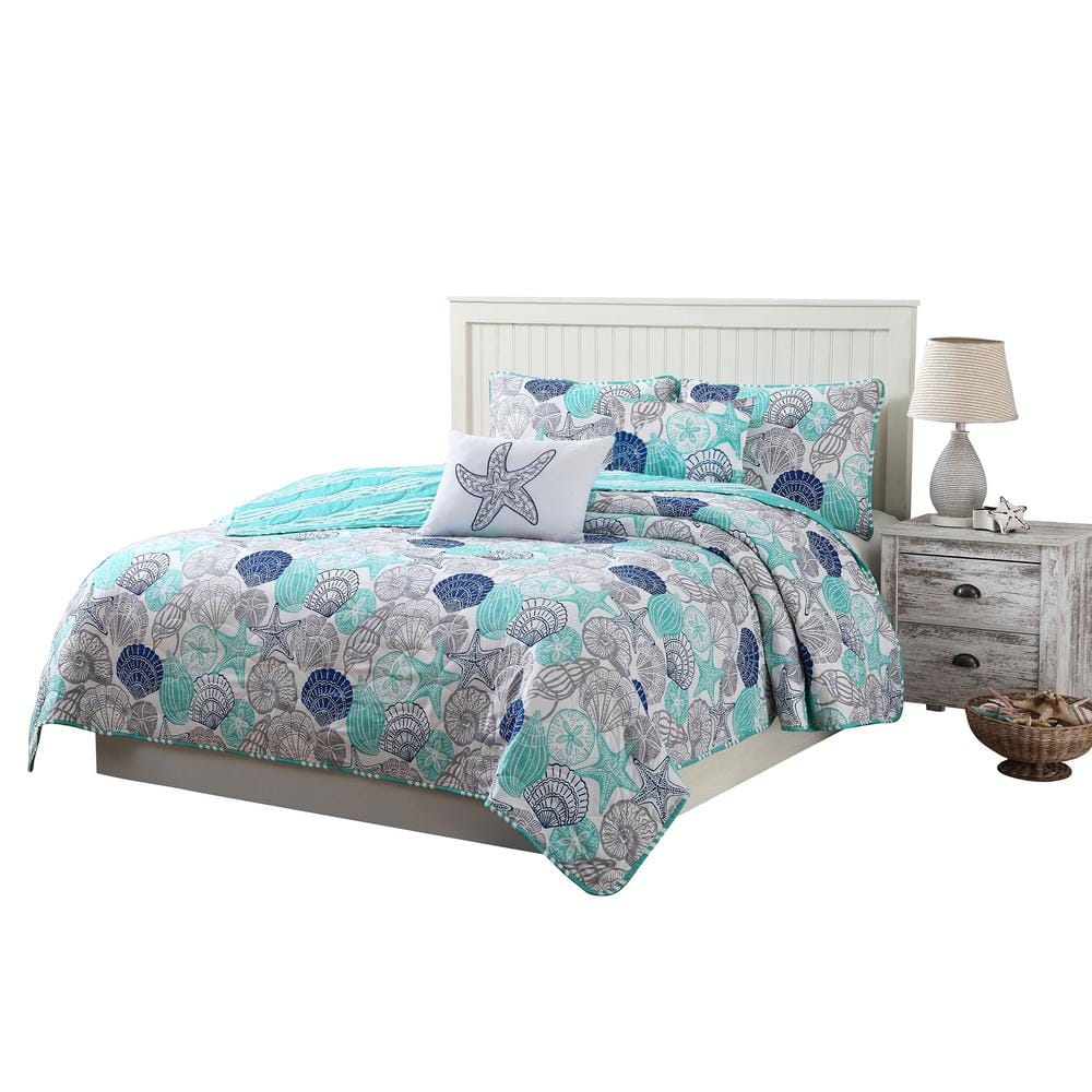 Kai 4-Piece Turquois/White Coastal Reversible Twin Size Quilt Set