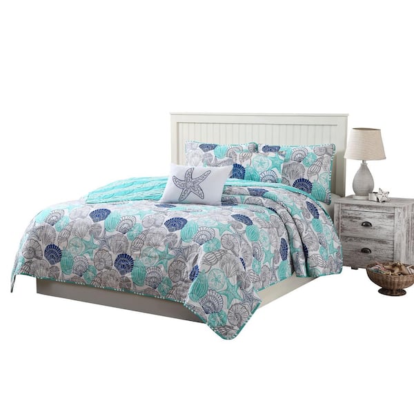 Unbranded Kai 4-Piece Turquois/White Coastal Reversible Twin Size Quilt Set