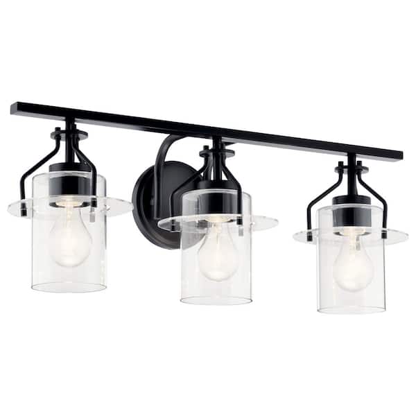 KICHLER Everett 24 in. 3-Light Black Vintage Bathroom Vanity Light with Clear Glass