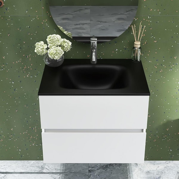 Unbranded Emily 26 in. W x 20 in. D x 20 in. H Single Sink Bath Vanity in White with Black Solid Surface Top