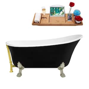 59 in. Acrylic Clawfoot Non-Whirlpool Bathtub in Glossy Black With Polished Gold Drain And Brushed Nickel Clawfeet