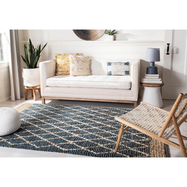 Natural Fiber Blue 8 ft. x 10 ft. Border Multi-Diamond Area Rug