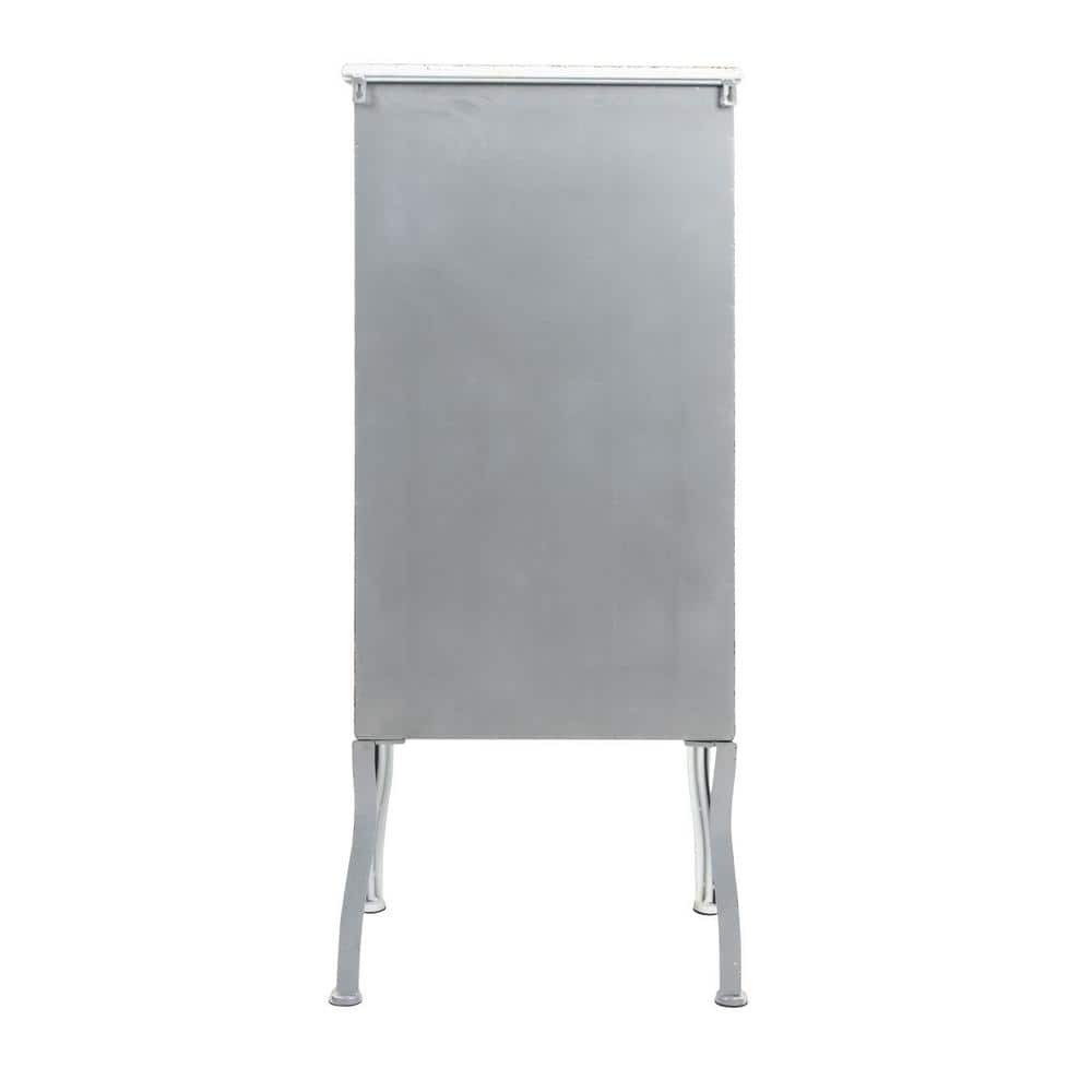 Distressed White Metal Cabinet with 3 Drawers and Open Shelf
