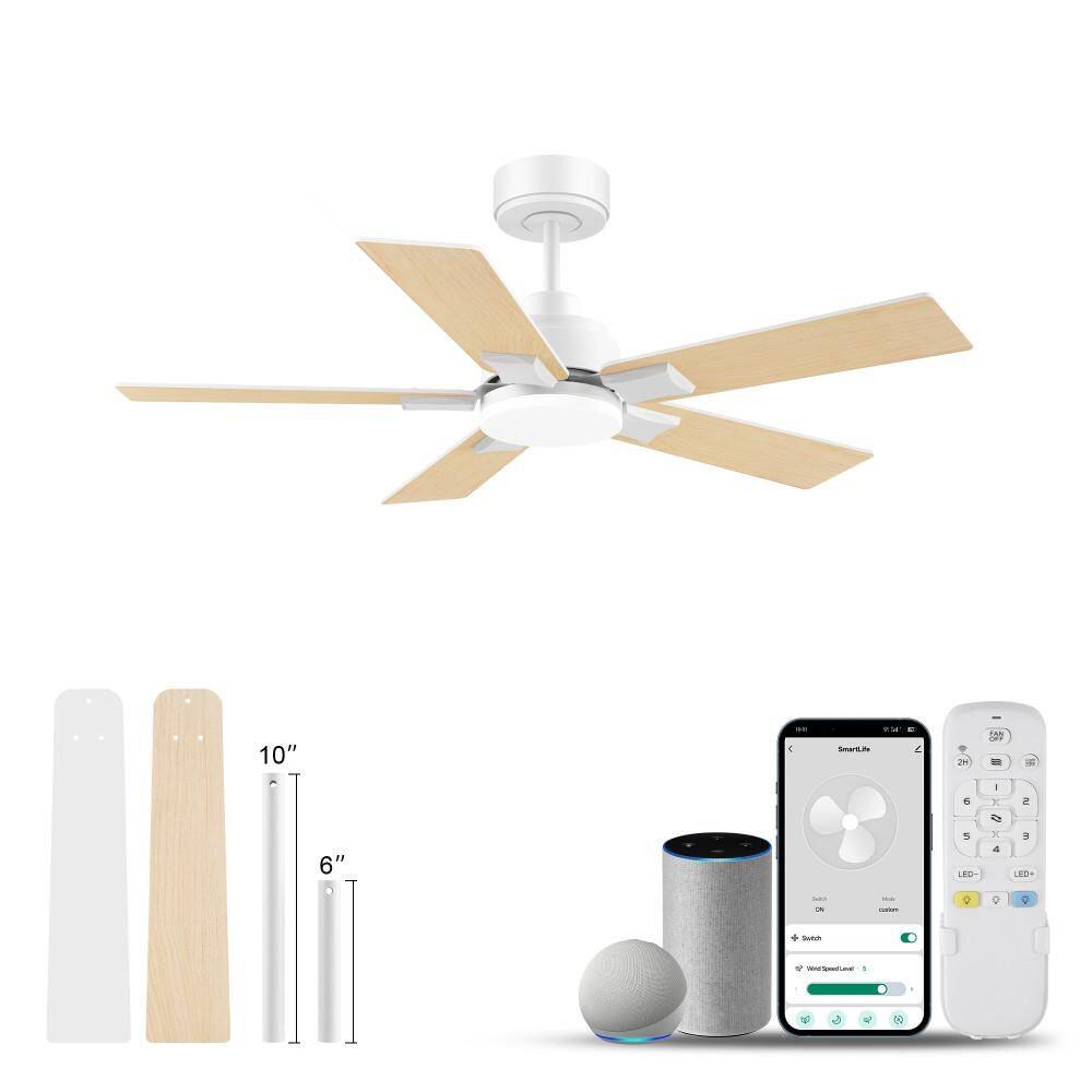 42 in. Smart Wood indoor outdoor white Ceiling Fan with LED Lights and Remote, Quiet DC Motor, Voice Control via Alexa