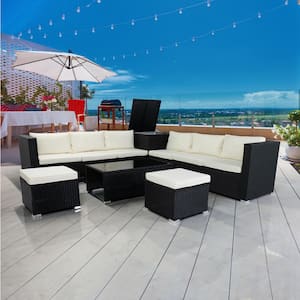 8-Piece Wicker Rattan Outdoor Patio Sectional Sofa Set with 1 Storage Box with Beige Cushions
