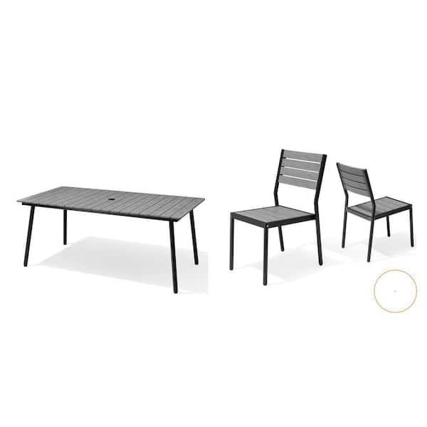 70 in. Gray Aluminum Outdoor Dining Table with Umbrella Hole and Gray Aluminum Dining Chairs (Set of 6)