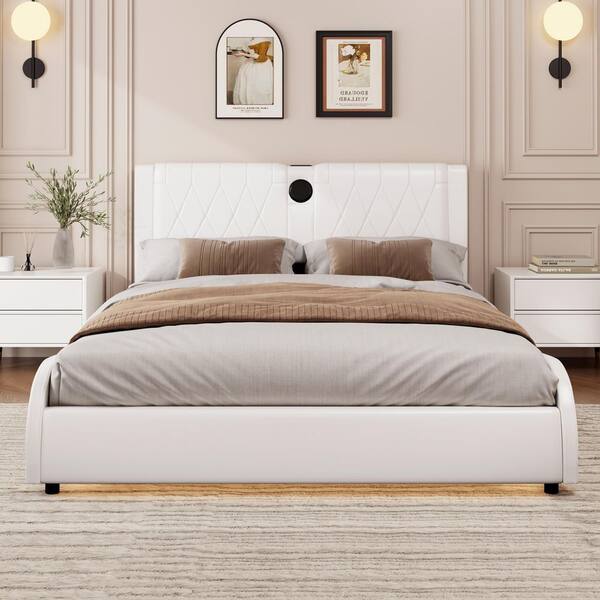 Faux Leather Upholstered White Wood Frame King Platform Bed with Bluetooth Speakers and RGB LED Light