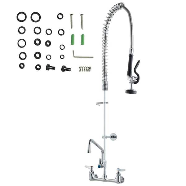 Industrial Sink Faucet, 44 in. Tall, 8 in. Apart, 12 in. Rotating Spout, Wall Mounted Brass Made with Extendable Sprayer