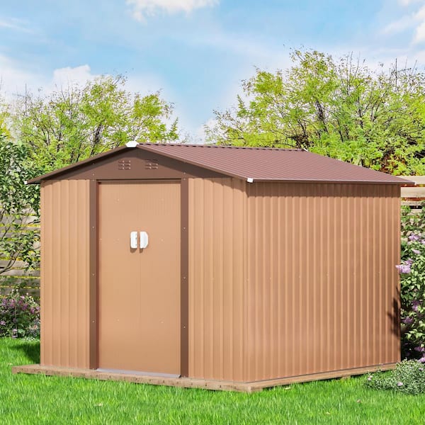 8.4 ft. W x 8.4 ft. D Outdoor Storage Shed Galvanized Steel Metal Shed with Sliding Doors, Brown (70.56 sq. ft.)