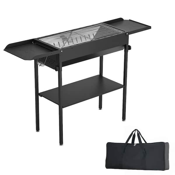 12 in. Foldable Charcoal Grill in Black with Adjustable Height and Folding Side Tables, for Outdoor Cooking, Camping