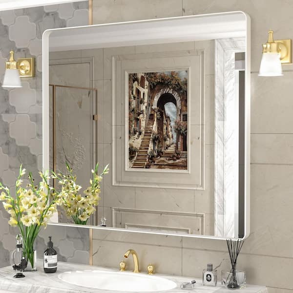 Apmir 40 in. W x 36 in. H Rectangular Aluminum Alloy Framed and Tempered Glass Wall Bathroom Vanity Mirror in Matte White