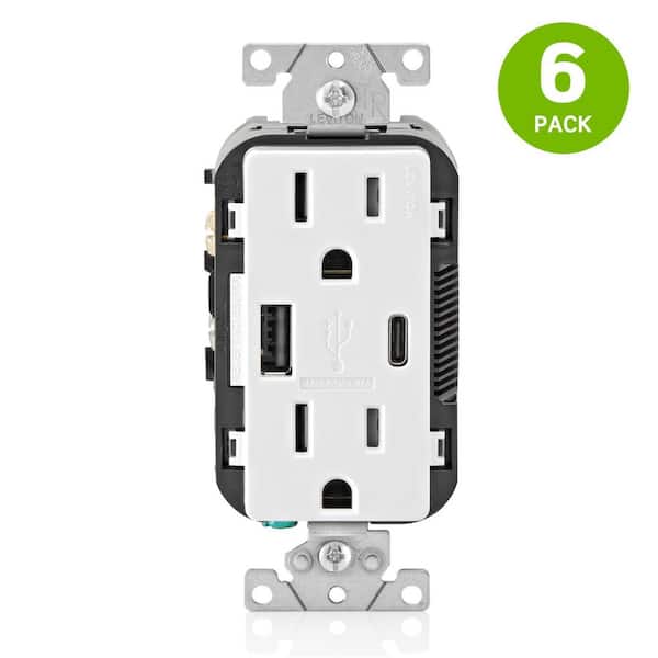 Decora White 15 Amp Tamper Resistant Duplex Outlet with USB Charger Type A/C 3.6 Amp 18-Watt Outlet 6-Pack T5638-H6W