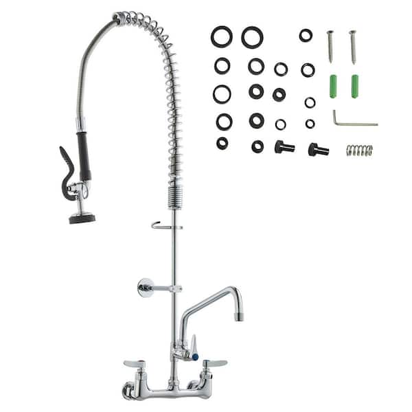 Commercial Faucet 36 in. H 8 in. Center 12 in. Double Handle Pull Down Sprayer Kitchen Faucet with in Silver