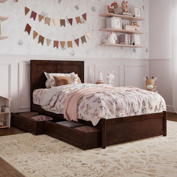 AFI Clayton Walnut Brown Solid Wood Frame Twin Platform Bed with Panel Footboard and Storage Drawers