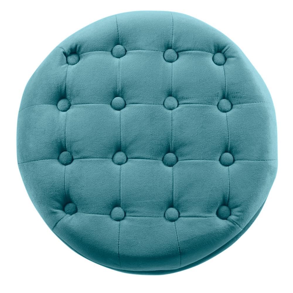 Teal Velvet Tufted Round Ottoman with Rustic Wood Legs