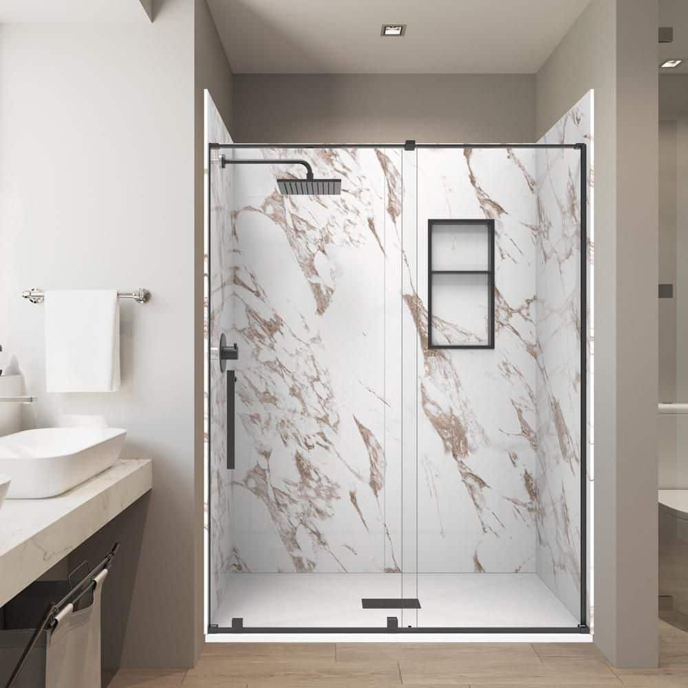 Caramel 32 in. x 60 in. x 84 in. Combo Solid Composite Stone Alcove Shower Kit Matching Black Matte Door, Niche & Drain price history on PriceWatchPro