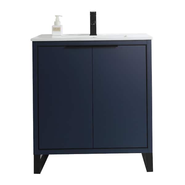 FINE FIXTURES Opulence 30 in. W x 18 in. D x 33.5 in. H Bath Vanity in Navy Blue with White Ceramic Top