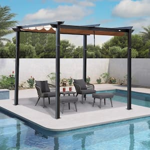 10 ft. x 10 ft. Outdoor Aluminum Pergola with Brown Retractable Shade Canopy for Patio Garden Backyard