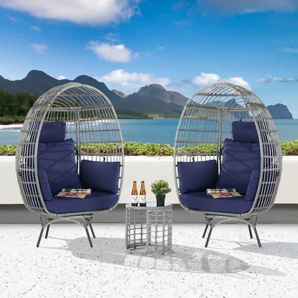 BFB 3-Piece Patio Wicker Swivel Lounge Outdoor Bistro Set with Side Table, Navy Blue Cushions