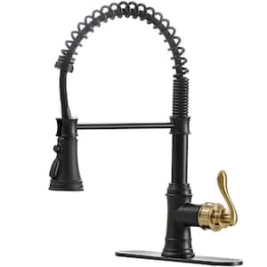 Single-Handle Pull-Down Sprayer 3 Spray High Arc Kitchen Faucet With Deck Plate in Matte Black & Gold