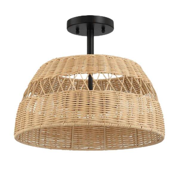2-Light Black Lantern, Shaded, Basket Pendant Light with Rattan Shade No Bulbs Included