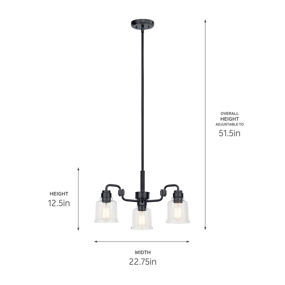 Mini Aivian Industrial Black 3-Light Chandelier with Clear Glass