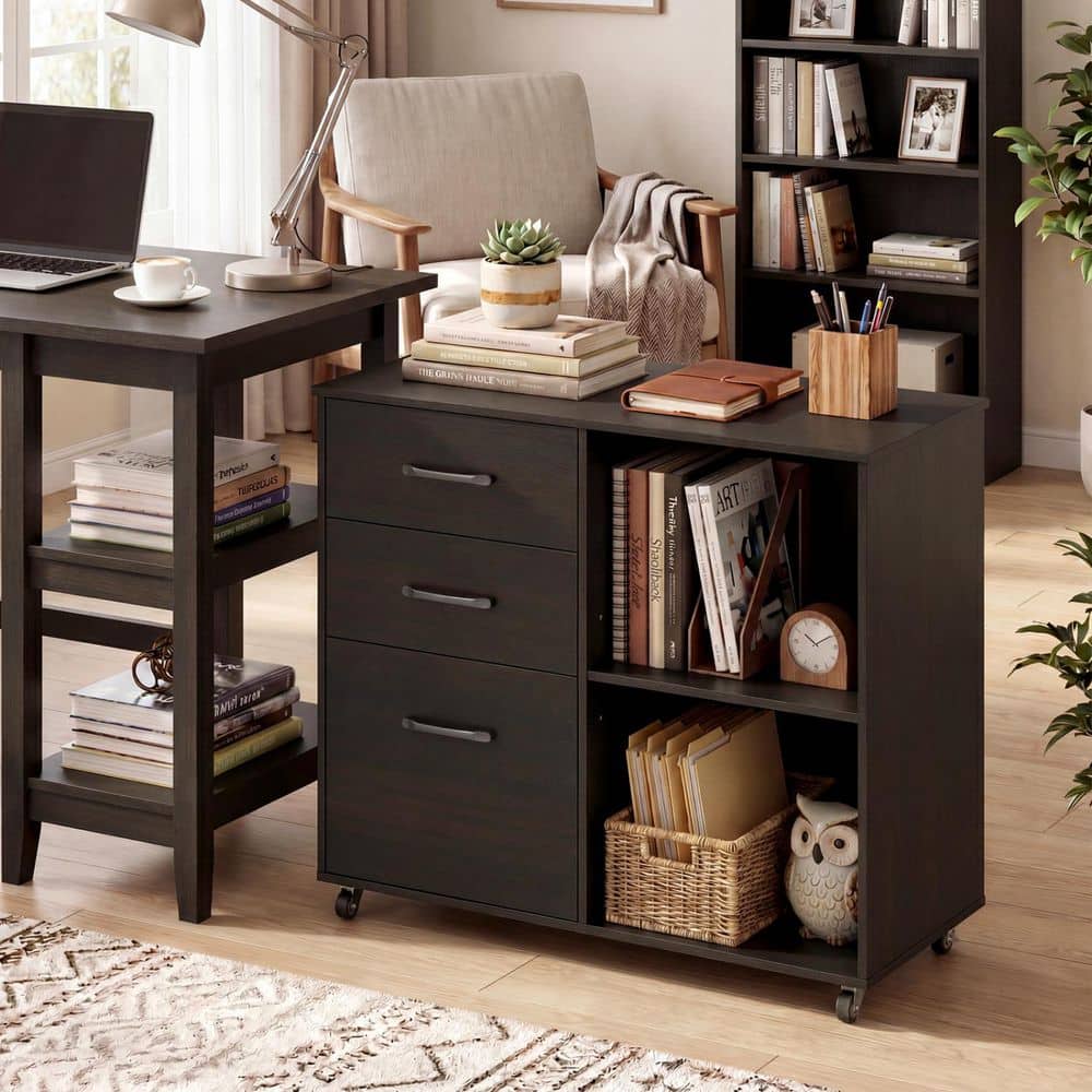 Brown 26.0 in. H Drawer Mobile File Cabinet Rolling Printer Stand with Multi-Drawer and 1-Shelf and Rolling Wheels