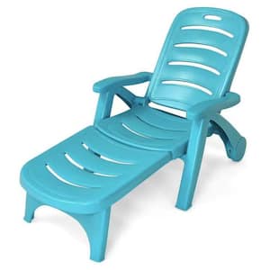 Blue Plastic Outdoor Lounge Chair Recliner with Wheels 5 Back Position