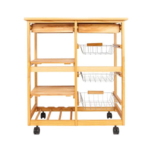 Karl home Yellow Wood Color Removable Kitchen Cart Storage Rack with Wheels 2-Drawer