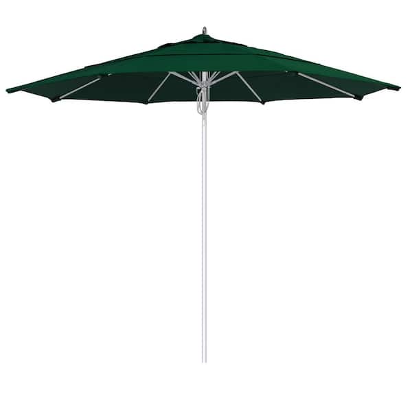 California Umbrella 11 ft. Silver Aluminum Commercial Market Patio Umbrella Fiberglass Ribs and Pulley lift in Forest Green Sunbrella