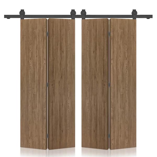 64 in. x 96 in. Hollow Core Walnut Composite Textured Double Bi-Fold Door with Sliding Barn Door Hardware Kit