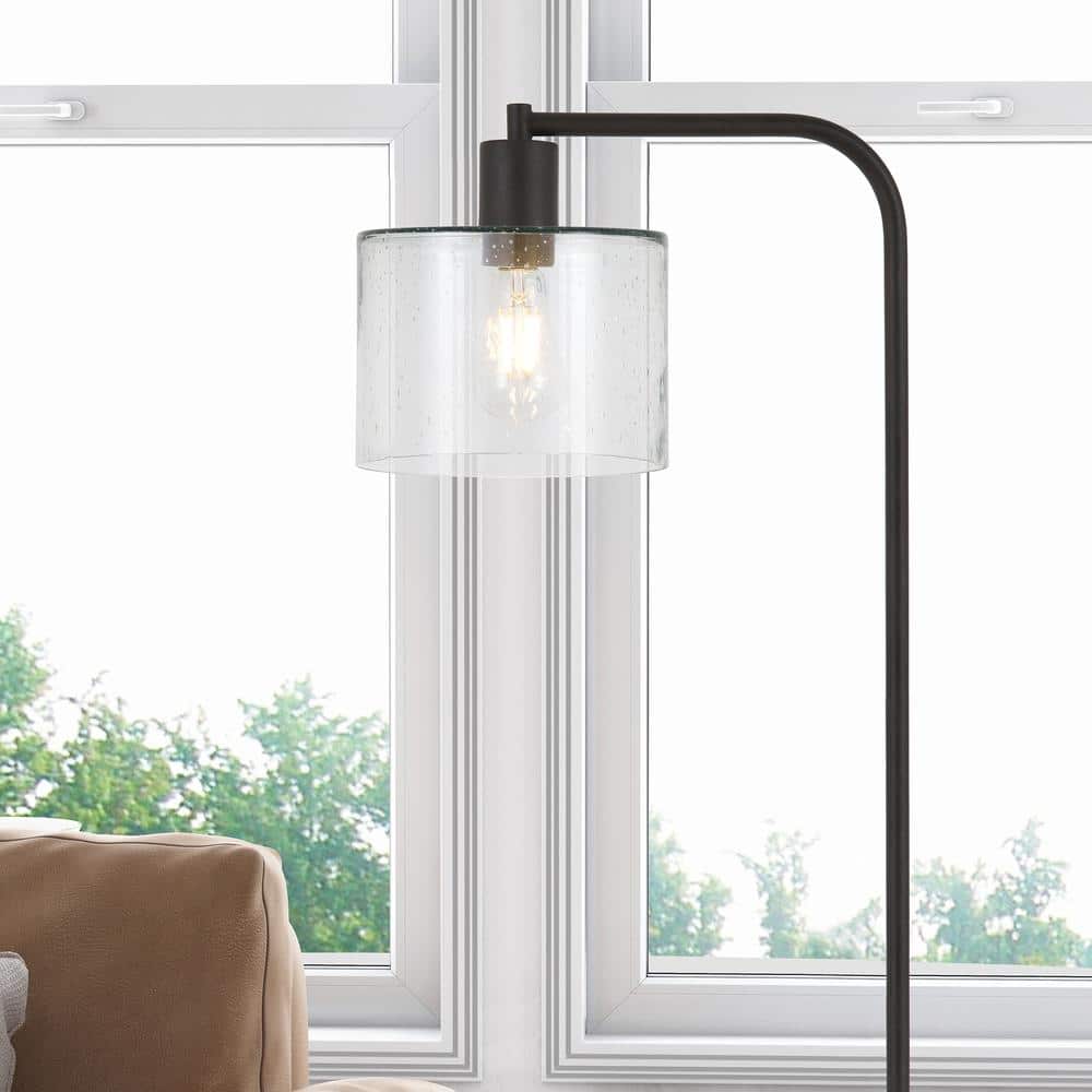 Bronzed Industrial Arc Floor Lamp with Seeded Glass Shade