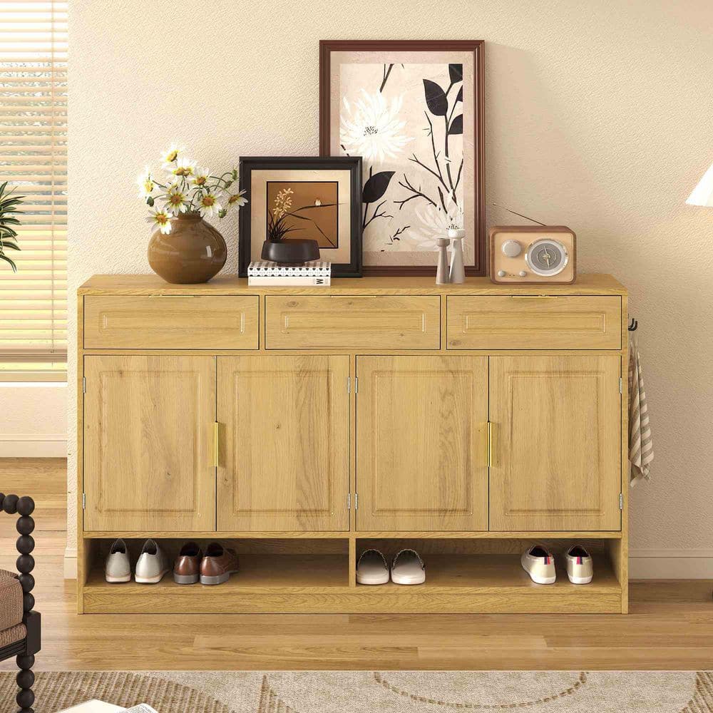 Natural MDF Wood Buffet with 3 Drawers,Adjustable Shelf and Open Storage Compartments price history on PriceWatchPro